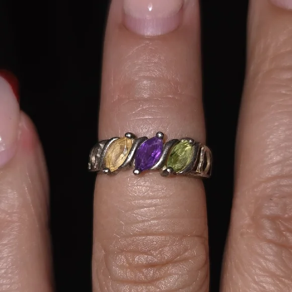 Elegant Silver Ring with Purple, Green, and Gold Stones - Picture 3 of 3